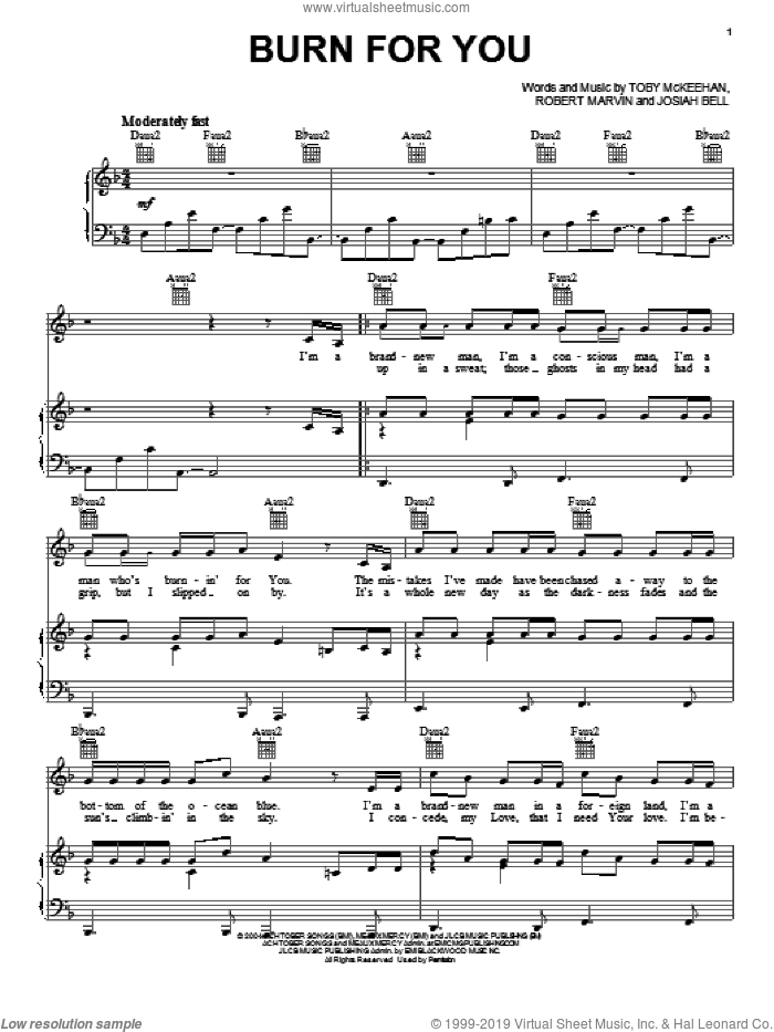 Burn For You sheet music for voice, piano or guitar by tobyMac, Josiah Bell, Robert Marvin and Toby McKeehan, intermediate skill level