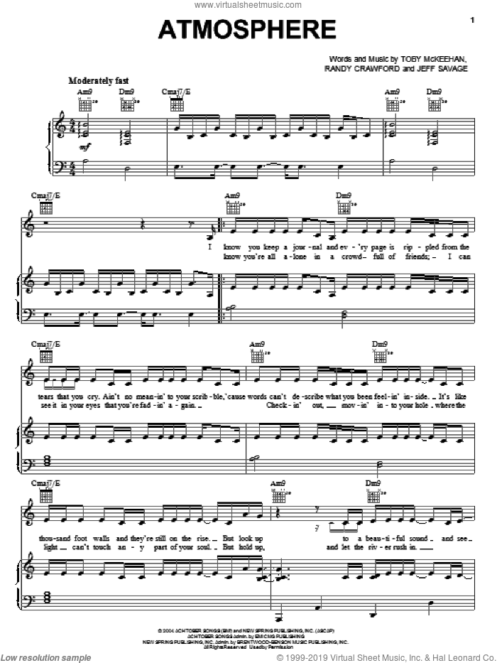 Atmosphere sheet music for voice, piano or guitar by tobyMac, Jeff Savage, Randy Crawford and Toby McKeehan, intermediate skill level