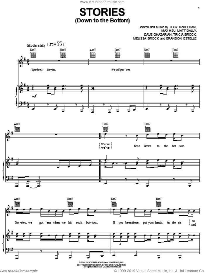 Stories (Down To The Bottom) sheet music for voice, piano or guitar by tobyMac, Brandon Estelle, Dave Ghazarian, Matt Dally, Max Hsu, Melissa Brock, Toby McKeehan and Tricia Brock, intermediate skill level