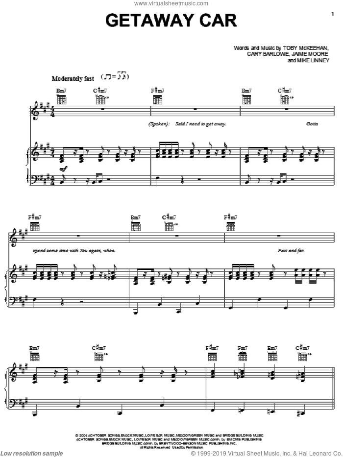 Getaway Car sheet music for voice, piano or guitar by tobyMac, Cary Barlowe, Jaime Moore, Mike Linney and Toby McKeehan, intermediate skill level