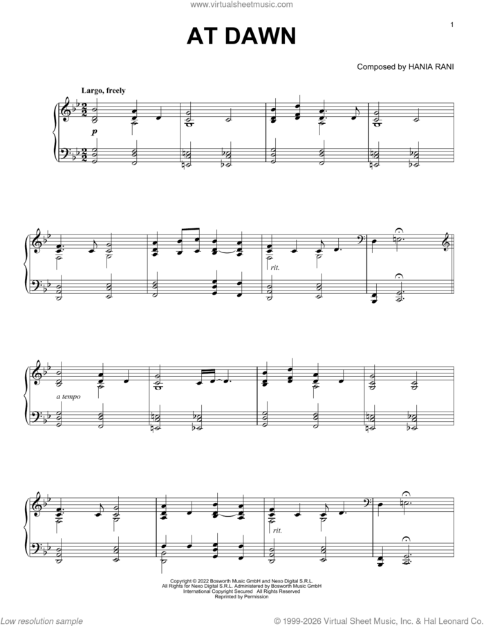 At Dawn sheet music for piano solo by Hania Rani, classical score, intermediate skill level