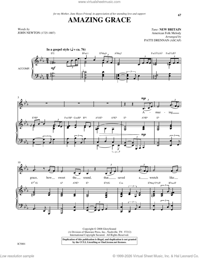 Amazing Grace sheet music for voice and piano by Patti Drennan, John Newton and Miscellaneous, intermediate skill level