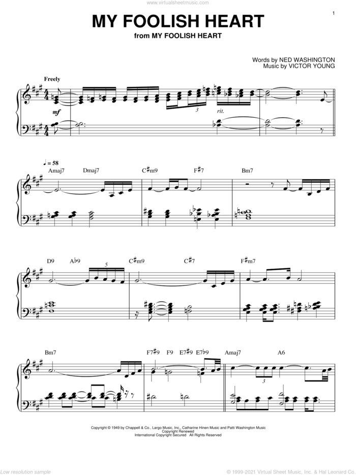 My Foolish Heart (arr. Bill Boyd) sheet music for piano solo by Bill Evans, The Demensions, Ned Washington and Victor Young, intermediate skill level