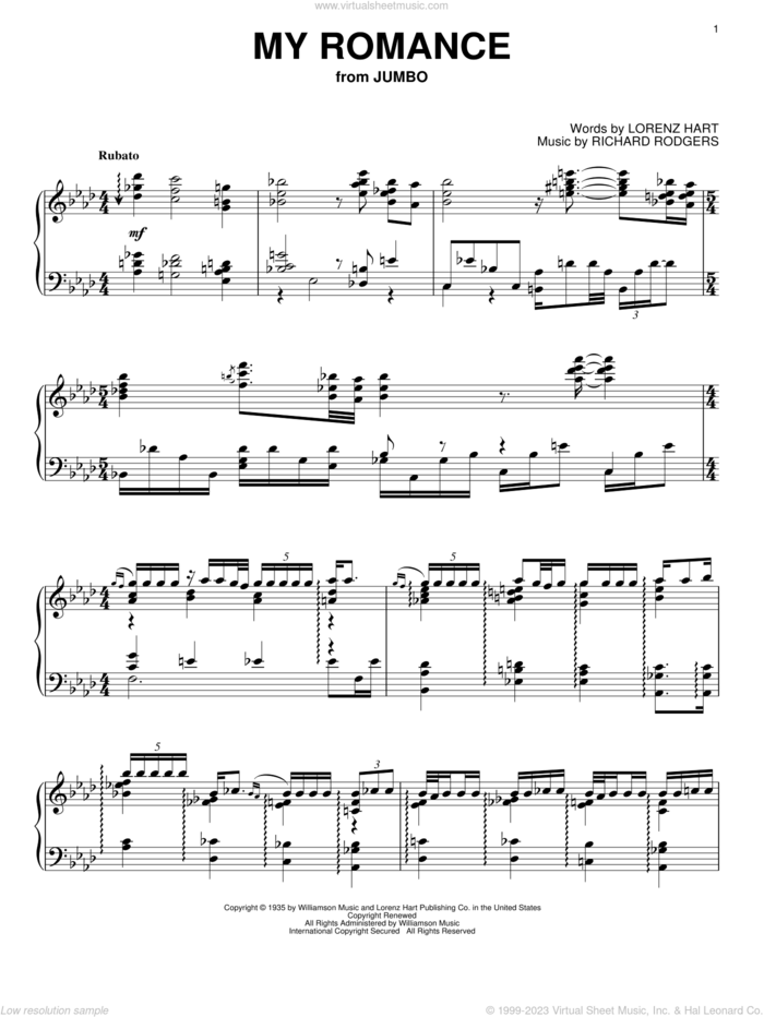 My Romance sheet music for piano solo by Bill Evans, Rodgers & Hart, Lorenz Hart and Richard Rodgers, wedding score, intermediate skill level