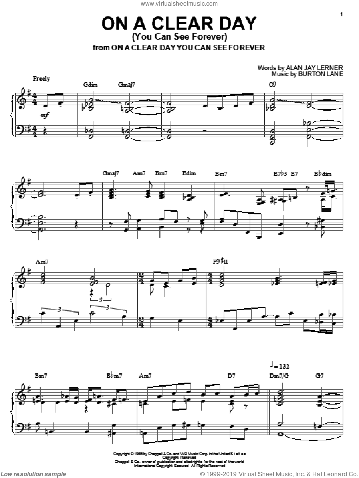On A Clear Day (You Can See Forever) sheet music for piano solo by Bill Evans, Alan Jay Lerner and Burton Lane, intermediate skill level