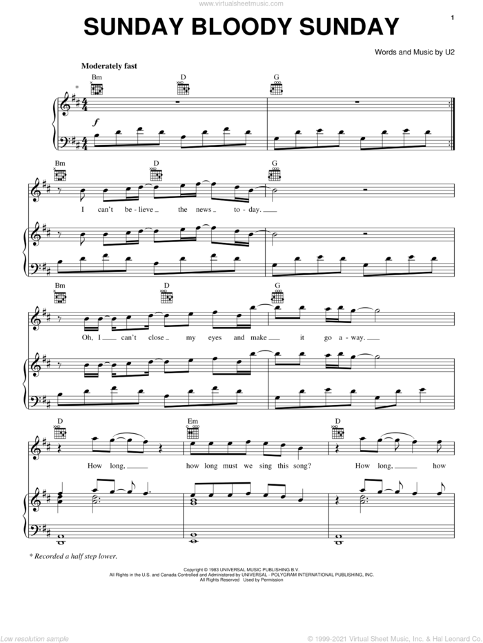 Sunday Bloody Sunday sheet music for voice, piano or guitar by U2, Bono and The Edge, intermediate skill level