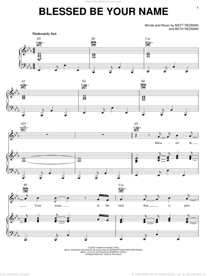 Blessed Be Your Name sheet music for voice, piano or guitar by Newsboys, Beth Redman and Matt Redman, intermediate skill level