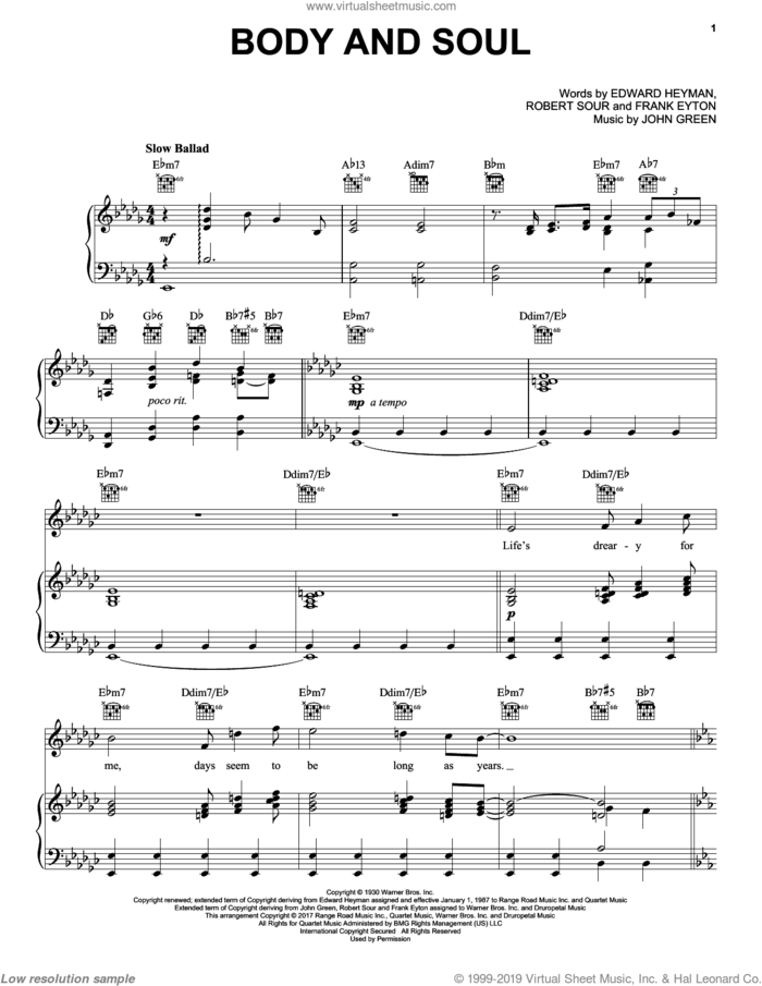 Body And Soul sheet music for voice, piano or guitar by Frank Sinatra, Billie Holiday, Diana Krall, Ella Fitzgerald, Sarah Vaughan, Edward Heyman, Frank Eyton, Johnny Green and Robert Sour, intermediate skill level