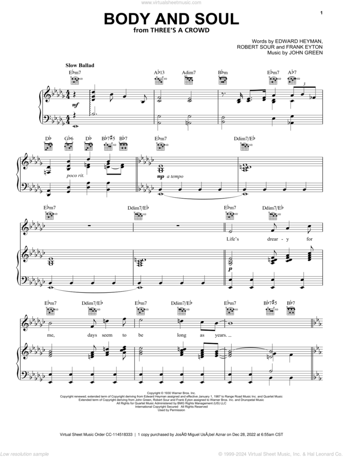 Body And Soul sheet music for voice, piano or guitar by Frank Sinatra, Billie Holiday, Diana Krall, Ella Fitzgerald, Sarah Vaughan, Edward Heyman, Frank Eyton, Johnny Green and Robert Sour, intermediate skill level