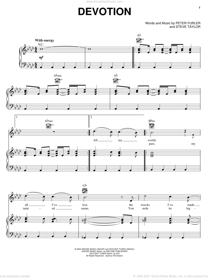 Devotion sheet music for voice, piano or guitar by Newsboys, Peter Furler and Steve Taylor, intermediate skill level