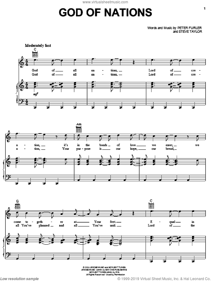 God Of Nations sheet music for voice, piano or guitar by Newsboys, Peter Furler and Steve Taylor, intermediate skill level