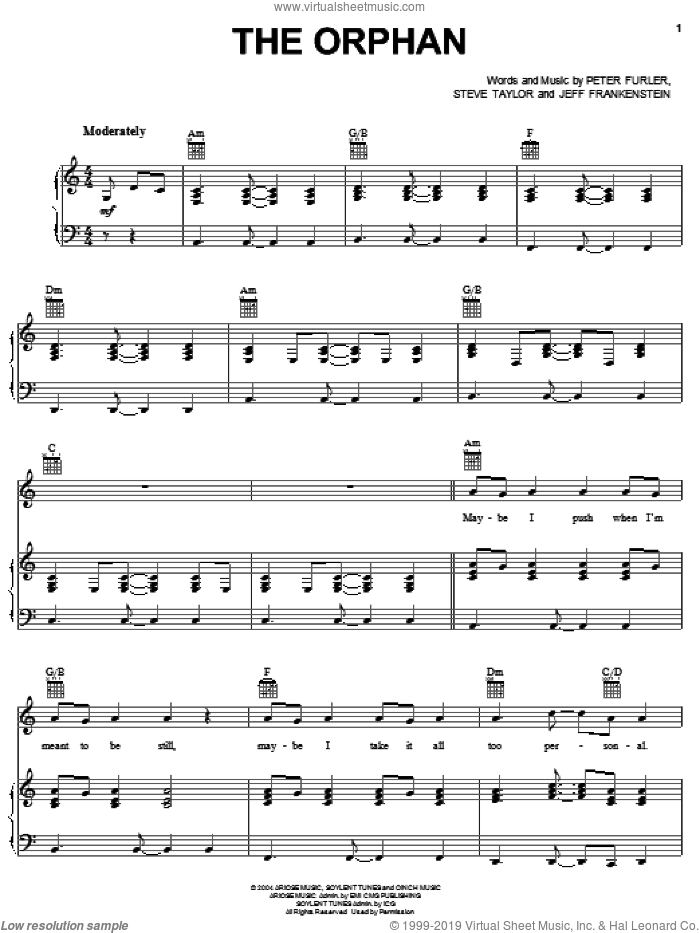 The Orphan sheet music for voice, piano or guitar by Newsboys, Jeff Frankenstein, Peter Furler and Steve Taylor, intermediate skill level