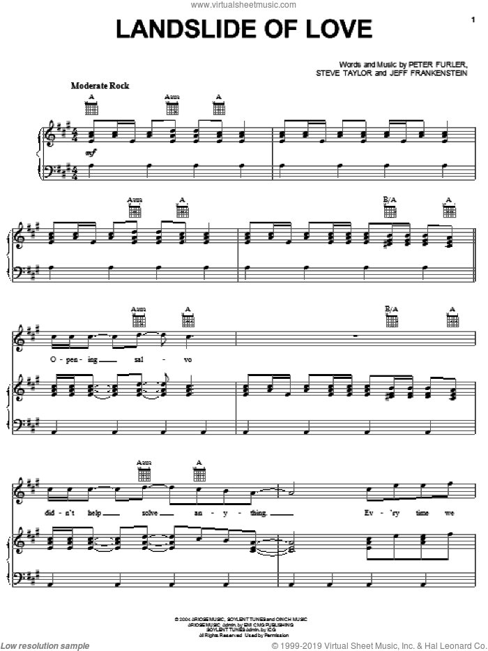 Landslide Of Love sheet music for voice, piano or guitar by Newsboys, Jeff Frankenstein, Peter Furler and Steve Taylor, intermediate skill level