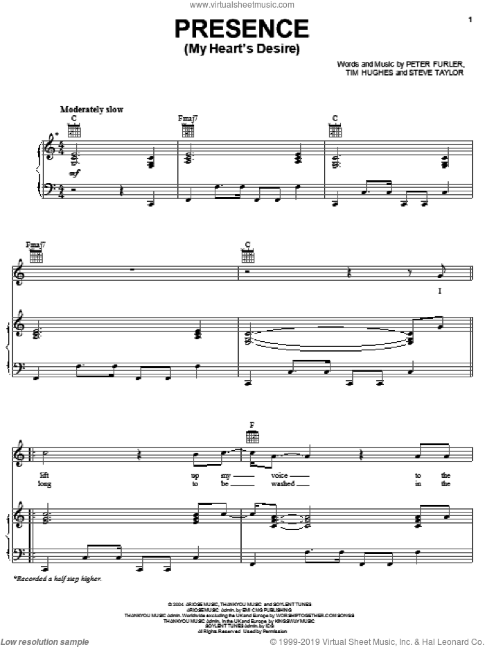 Presence (My Heart's Desire) sheet music for voice, piano or guitar by Newsboys, Peter Furler, Steve Taylor and Tim Hughes, intermediate skill level