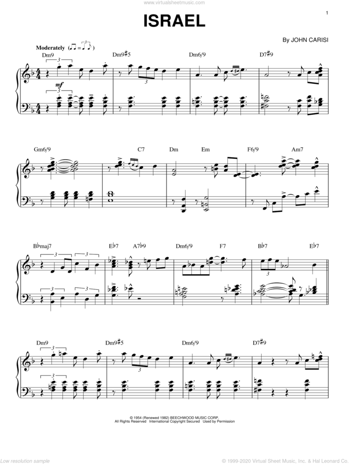 Israel sheet music for piano solo by Bill Evans, Miles Davis and John Carisi, intermediate skill level