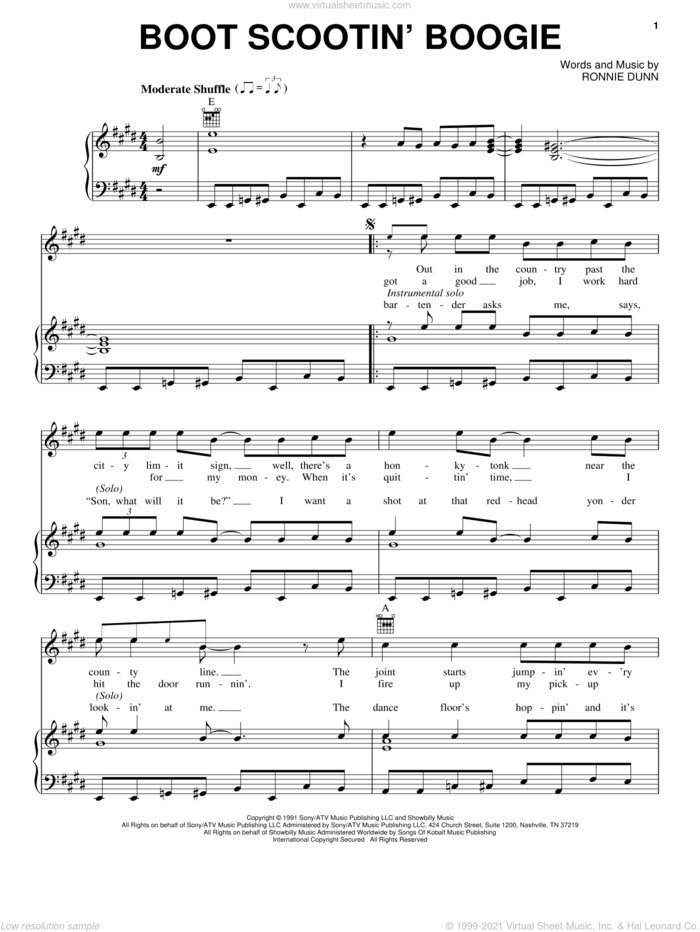Boot Scootin' Boogie sheet music for voice, piano or guitar by Brooks & Dunn and Ronnie Dunn, intermediate skill level