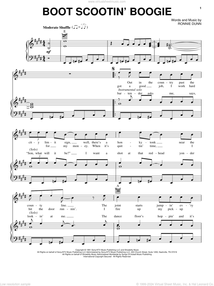 Boot Scootin' Boogie sheet music for voice, piano or guitar by Brooks & Dunn and Ronnie Dunn, intermediate skill level