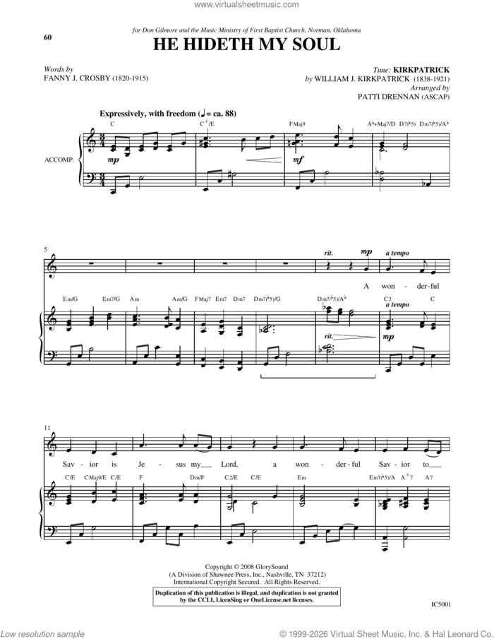 He Hideth My Soul sheet music for voice and piano by Patti Drennan, Fannie Crosby and William J. Kirkpatrick, intermediate skill level