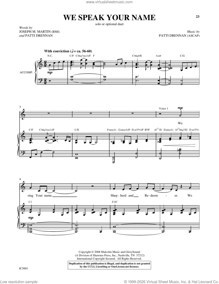 We Speak Your Name sheet music for voice and piano by Patti Drennan and Joseph M. Martin, intermediate skill level