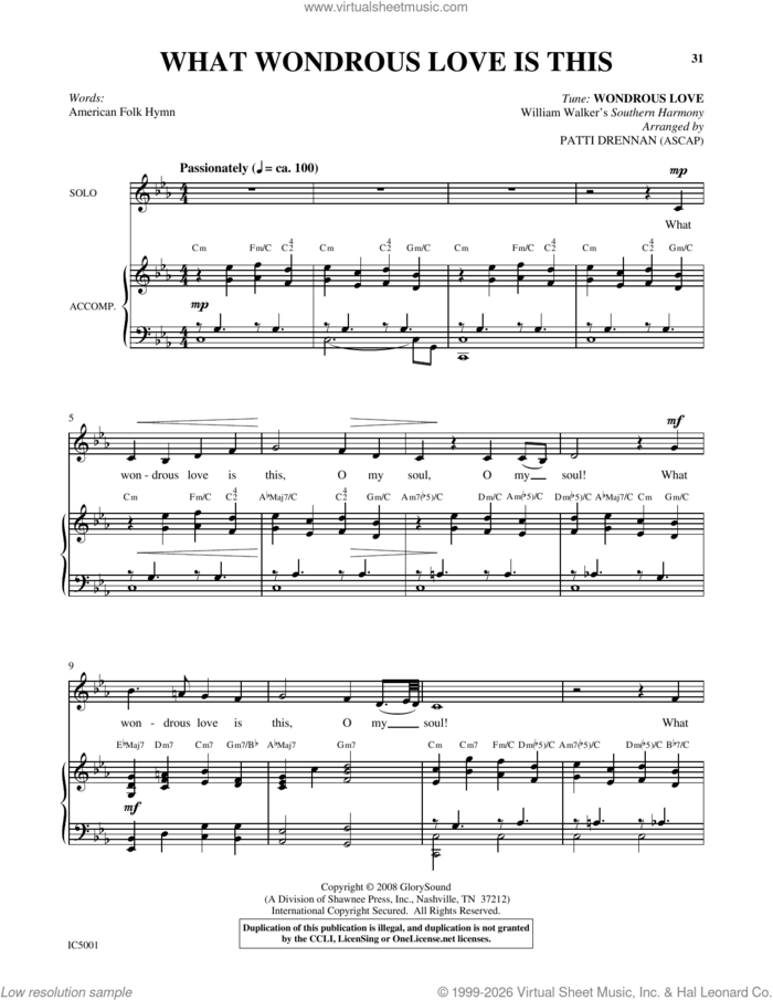 What Wondrous Love Is This sheet music for voice and piano by Patti Drennan, Appalachian Folk Hymn, Billy Walker, Patti Drennan (arr.) and Southern Harmony, intermediate skill level