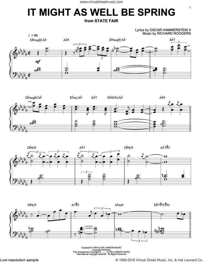 It Might As Well Be Spring (from 'State Fair') sheet music for piano solo by Bill Evans, Rodgers & Hammerstein, State Fair (Musical), Oscar II Hammerstein and Richard Rodgers, intermediate skill level