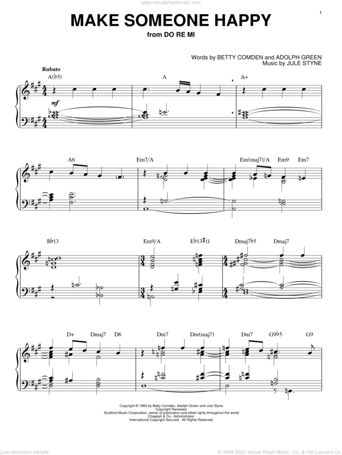Make Someone Happy sheet music for piano solo by Bill Evans, Adolph Green, Betty Comden and Jule Styne, intermediate skill level