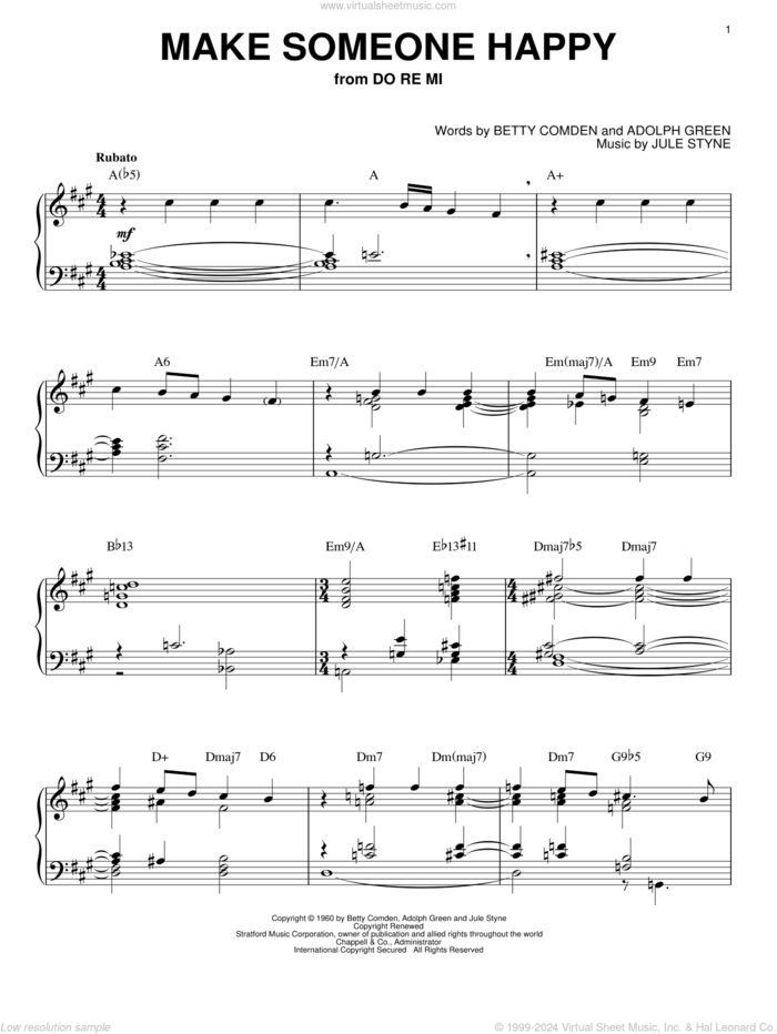 Make Someone Happy (from Do Re Mi) sheet music for piano solo by Bill Evans, Adolph Green, Betty Comden and Jule Styne, intermediate skill level