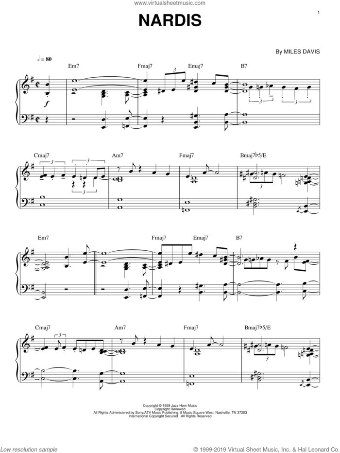 Nardis sheet music for piano solo by Miles Davis and Bill Evans, intermediate skill level