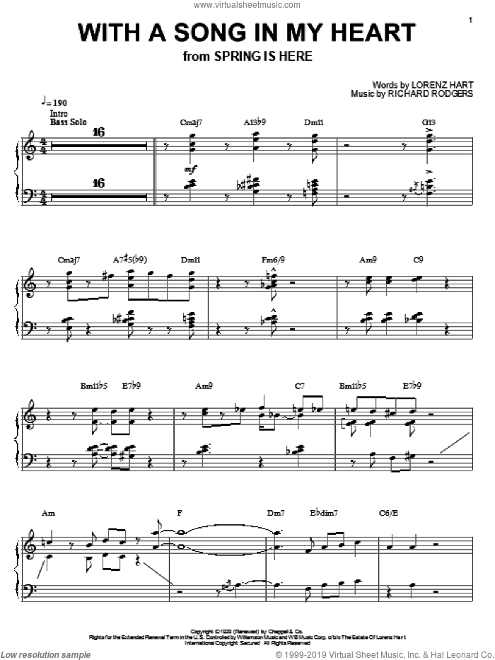With A Song In My Heart sheet music for piano solo by Bill Evans, Rodgers & Hart, Lorenz Hart and Richard Rodgers, intermediate skill level