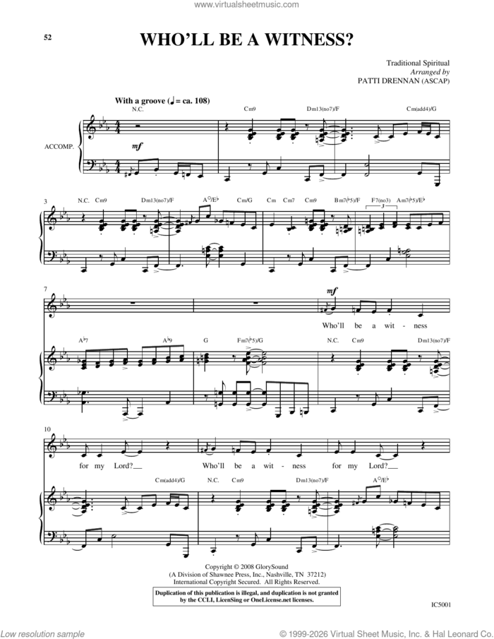 Who'll Be A Witness? sheet music for voice and piano by Patti Drennan and Miscellaneous, intermediate skill level