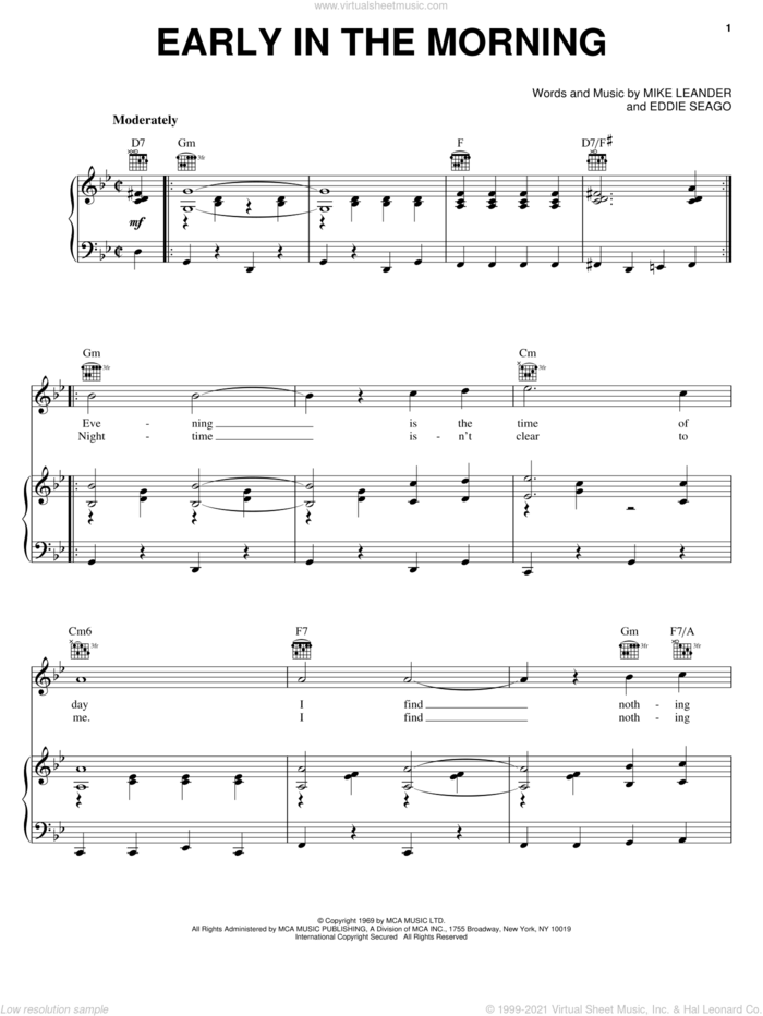 Early In The Morning sheet music for voice, piano or guitar by Vanity Fare, Eddie Seago and Mike Leander, intermediate skill level