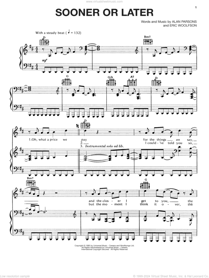 Sooner Or Later sheet music for voice, piano or guitar by Alan Parsons Project, Alan Parsons and Eric Woolfson, intermediate skill level