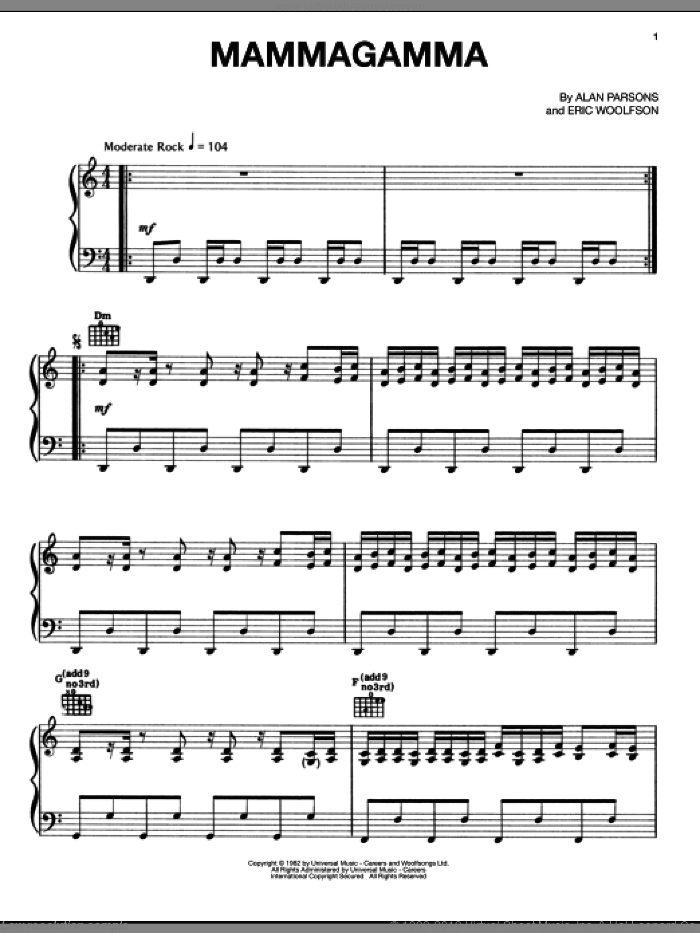 Mammagamma sheet music for voice, piano or guitar by Alan Parsons Project, Alan Parsons and Eric Woolfson, intermediate skill level
