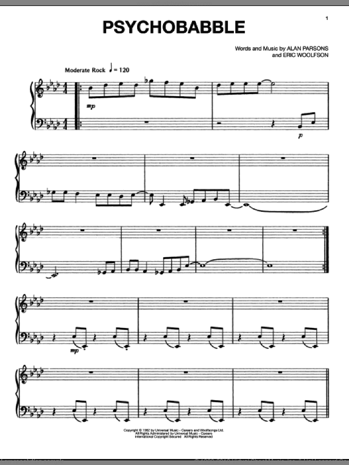 Psychobabble sheet music for voice, piano or guitar by Alan Parsons Project, Alan Parsons and Eric Woolfson, intermediate skill level