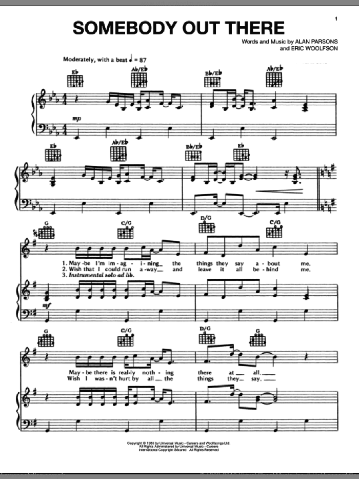 Somebody Out There sheet music for voice, piano or guitar by Alan Parsons Project, Alan Parsons and Eric Woolfson, intermediate skill level