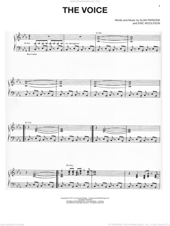 The Voice sheet music for voice, piano or guitar by Alan Parsons Project, Alan Parsons and Eric Woolfson, intermediate skill level