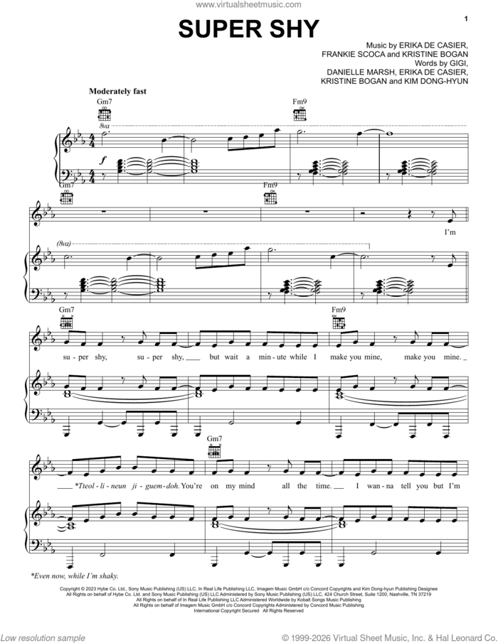 Super Shy sheet music for voice, piano or guitar by Newjeans, Danielle (Aka Danielle Marsh), Erika De Casier, Frankie Scoca, Gigi, Kim Dong-Hyun and Kristine Bogan, intermediate skill level