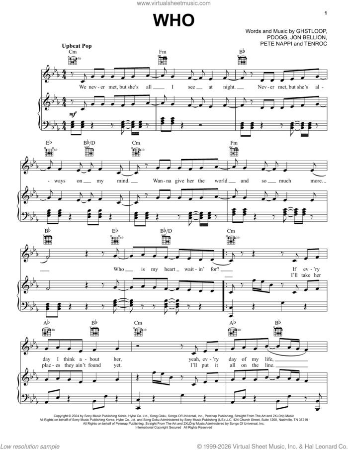 Who sheet music for voice, piano or guitar by Jimin, Ghstloop (aka Kim Min Soo), Jon Bellion, Pdogg (aka Kang Hyo-won), Pete Nappi and Tenroc (aka Jason Cornet), intermediate skill level