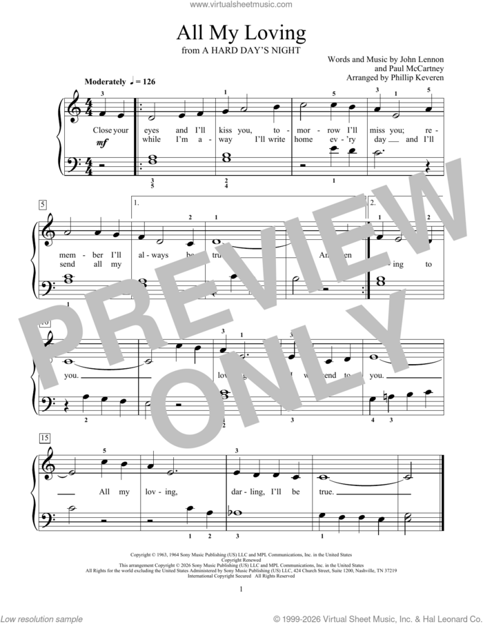 All My Loving sheet music for piano solo (elementary) by The Beatles, Mona Rejino, Phillip Keveren, John Lennon and Paul McCartney, beginner piano (elementary)