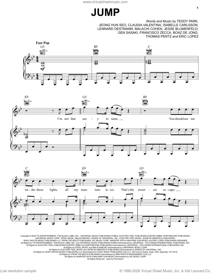 Jump sheet music for voice, piano or guitar by BLACKPINK, Boaz De Jong, Claudia Valentina, Eric Lopez, Francisco Zecca, Gen Sasaki, Isabelle Carlsson (Pka Zikai), Jeong Hun Seo, Jesse Blumenfeld, Lennard Oestmann, Malachi Cohen, Teddy Park (Aka Hong-Jun Park) and Thomas Pentz (Pka Diplo), intermediate skill level
