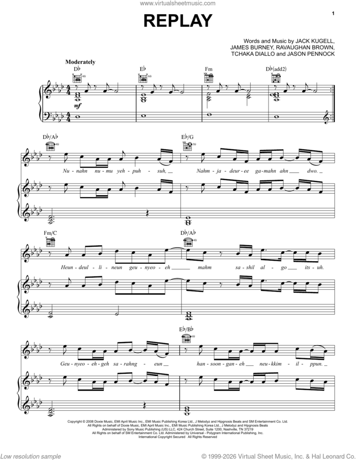 Replay sheet music for voice, piano or guitar by SHINee, Jack Kugell, James Burney, Jason Pennock, Ravaughan Brown and Tchaka Diallo, intermediate skill level