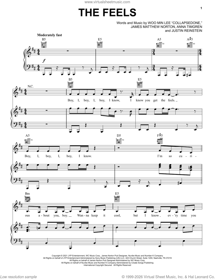 The Feels sheet music for voice, piano or guitar by Twice, Anna Timgren, James Matthew Norton, Justin Reinstein and Woo Min Lee 'Collapsedone', intermediate skill level