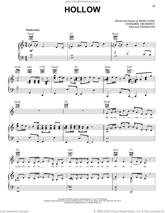 Hollow sheet music for voice, piano or guitar by Stray Kids, Chang Bin Seo (pka Changbin), Christopher Chahn Bahng, Daisuke Kawai (pka KM-MARKIT), Ji Sung Han (pka Han) and Seoung Hyuk Choi (pka Versacho, intermediate skill level