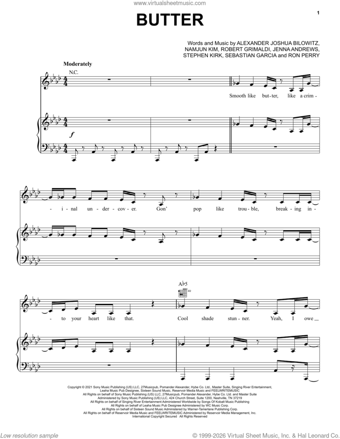 Butter sheet music for voice, piano or guitar by BTS, Alexander Joshua Bilowitz, Jenna Andrews, Namjun Kim, Robert Grimaldi, Ron Perry, Sebastian Garcia and Stephen Kirk, intermediate skill level
