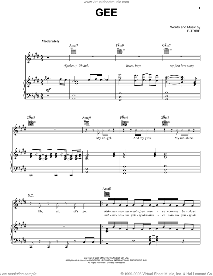 Gee sheet music for voice, piano or guitar by Girls' Generation and E-Tribe, intermediate skill level