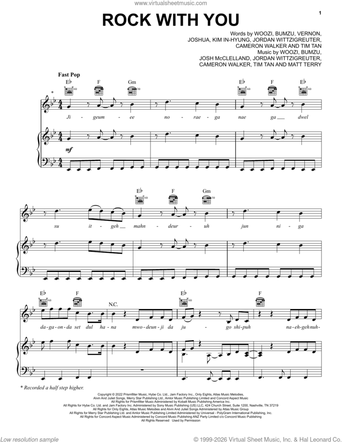 Rock With You sheet music for voice, piano or guitar by Seventeen, Bumzu (aka Kye Beom-ju), Cameron Walker, Jordan Wittzigreuter, Josh Mcclelland, Joshua (aka Joshua Hong), Kim In-hyung, Matt Terry, Tim Tan, Vernon (aka Hansol Chwe) and Woozi (aka Lee Ji-Hoon), intermediate skill level