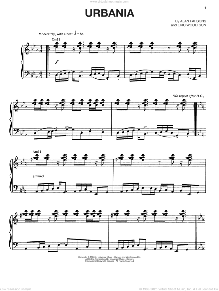 Urbania sheet music for voice, piano or guitar by Alan Parsons Project, Alan Parsons and Eric Woolfson, intermediate skill level