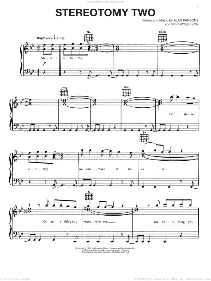 Stereotomy Two sheet music for voice, piano or guitar by Alan Parsons Project, Alan Parsons and Eric Woolfson, intermediate skill level