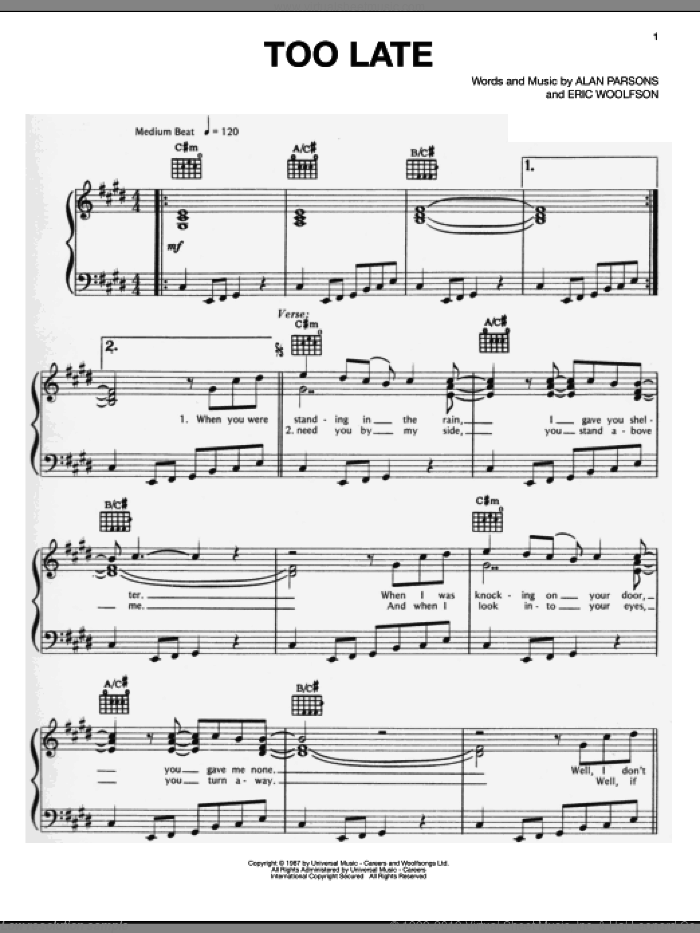 Too Late sheet music for voice, piano or guitar by Alan Parsons Project, Alan Parsons and Eric Woolfson, intermediate skill level