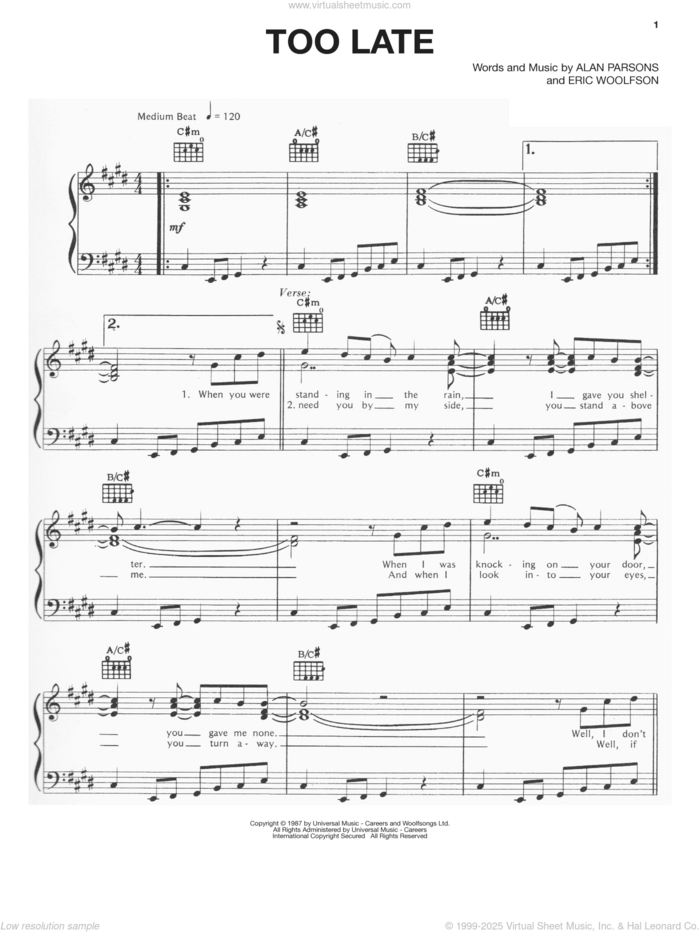 Too Late sheet music for voice, piano or guitar by Alan Parsons Project, Alan Parsons and Eric Woolfson, intermediate skill level